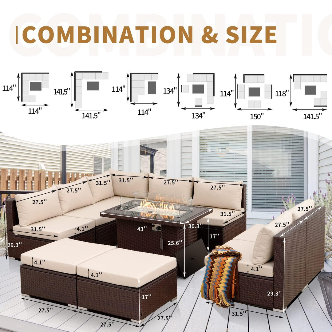 Outdoor Eden Espresso Fire Pit Sectional-9 Seat - Nicesoul Furniture#color_brt-beige