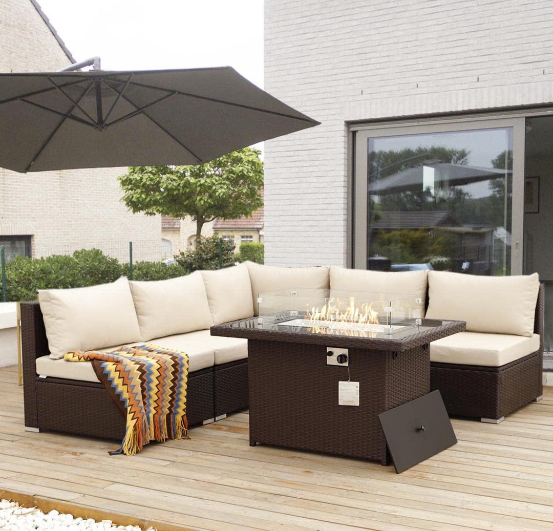 Eden Outdoor Espresso Fire Pit Sectional Set-5 Seat - Nicesoul Furniture#color_brt-beige