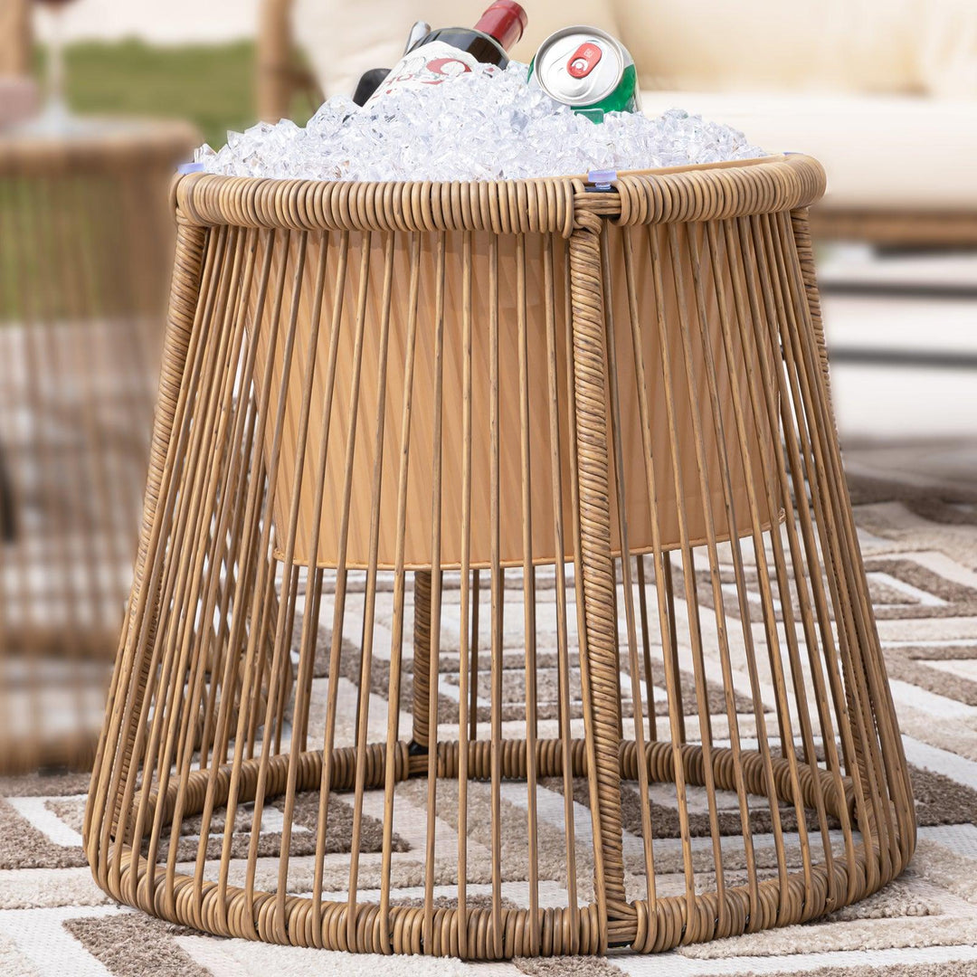 Boho Outdoor Patio Wicker Round Ice Bucket Table