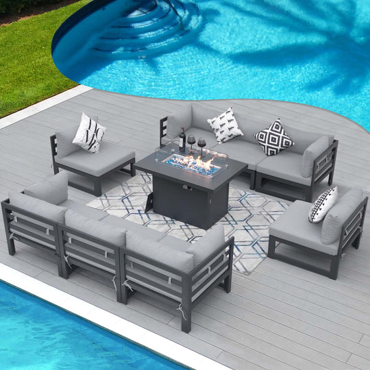 Patio Aluminum Sofa Set With Firepit-9 Piece