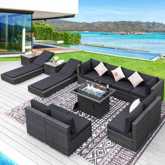 NICESOUL 13 Pieces Luxury Wicker Patio Furniture Set with Natural Gas/Propane Fire Pit Table Chaise Lounger End Table, 29.3" High Back Deep Seating Sofa Outdoor Sectional Conversation#color_grt-darkgray