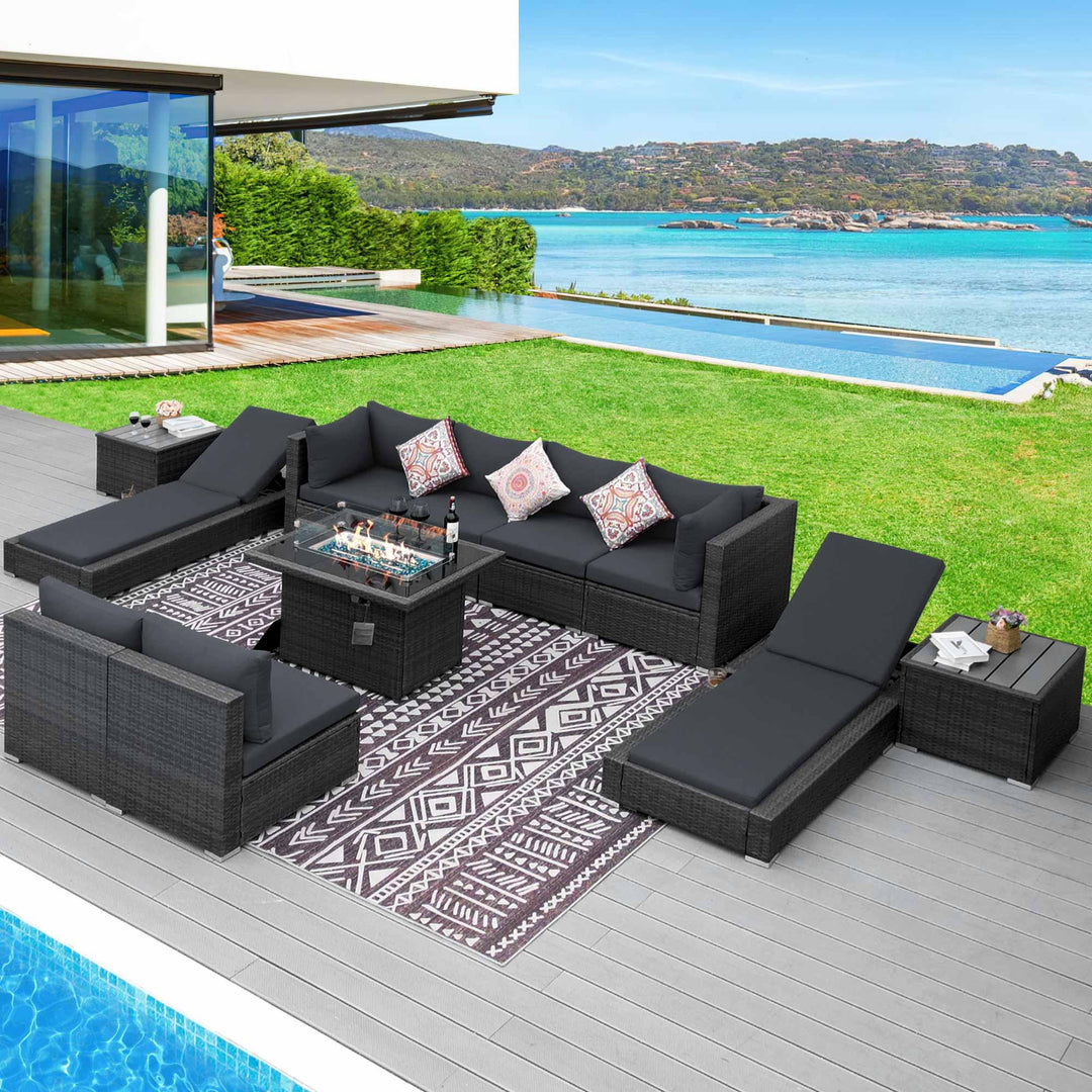 NICESOUL 11 Pieces Luxury Outdoor Wicker Sectional Furniture Set with Natural Gas/Propane Fire Pit Table Lounge Chair Side Table, Modular Conversation Sofa Set for Patio Poolside Yard Relaxation Movie Nights#color_grt-darkgray