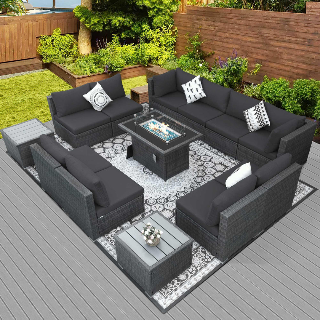 NICESOUL 13 Pieces Luxury Large Patio Furniture Sofa Set with Natural Gas/Propane Fire Pit Table, 29.3" High Back Outdoor Conversation Set, Outside PE Rattan Sectional Sofa#color_grt-darkgray