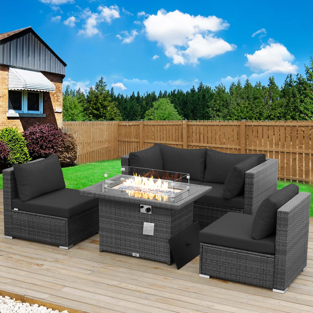 NICESOUL 5 Pieces Modern Luxury Wicker Patio Furniture Set with Fire Pit Table, 43" Natural Gas/Propane Fireplace 29.3'' High-Back Deep Wide Seat Outdoor Sectional Conversations Sofa Set for Outside#color_grt-darkgray